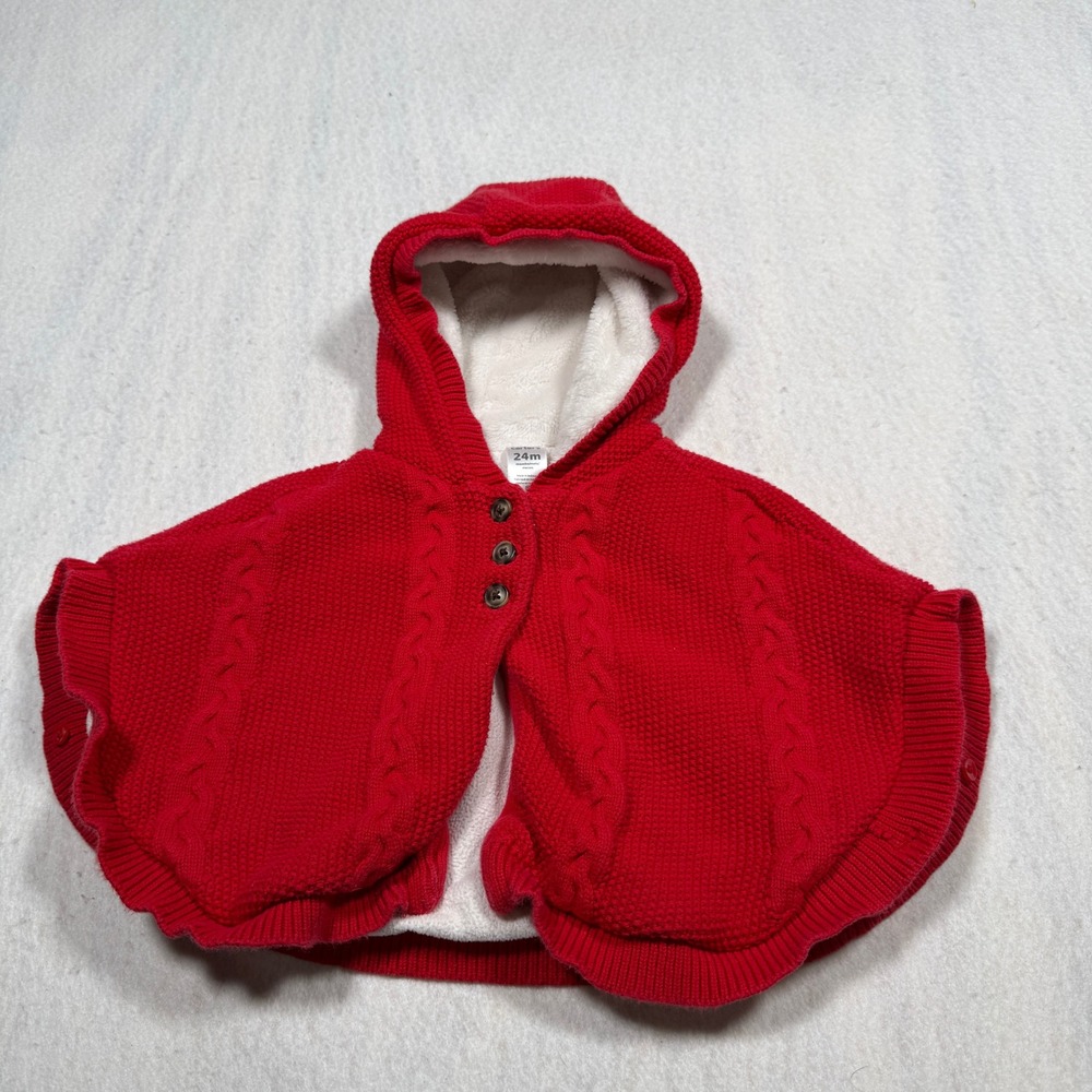 Carters Baby Girl Red Cable Knit Sherpa Lined Hooded Poncho Sweater 24M
